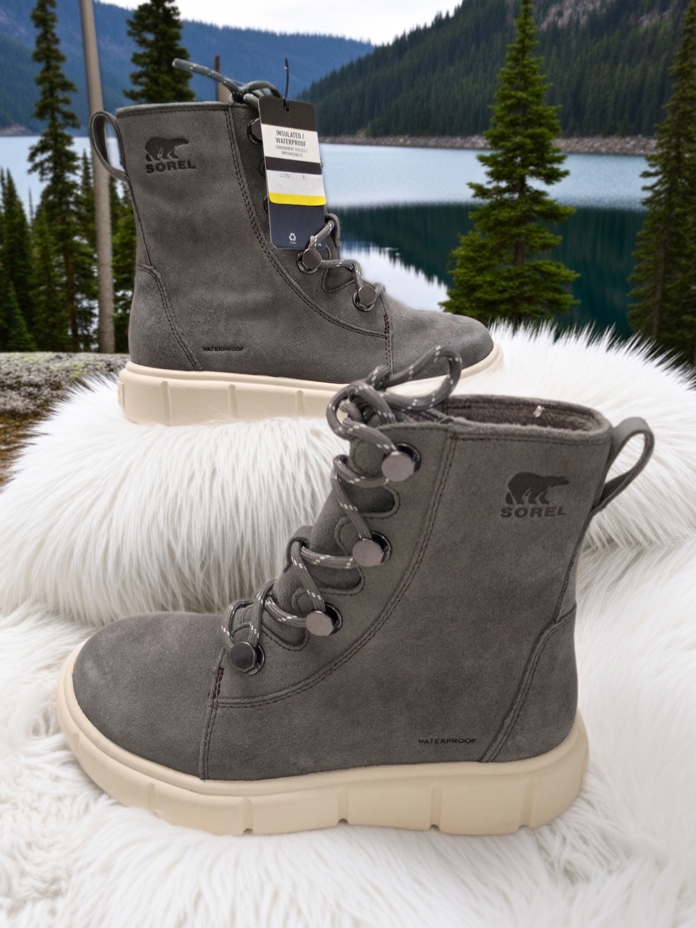 Sorel Gray Explorer III Joan Suede Waterproof LaceUp Waterproof Boots Cream Sole